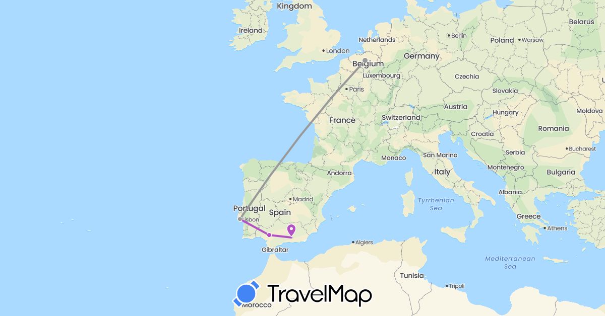 TravelMap itinerary: driving, plane, train in Belgium, Spain, Portugal (Europe)